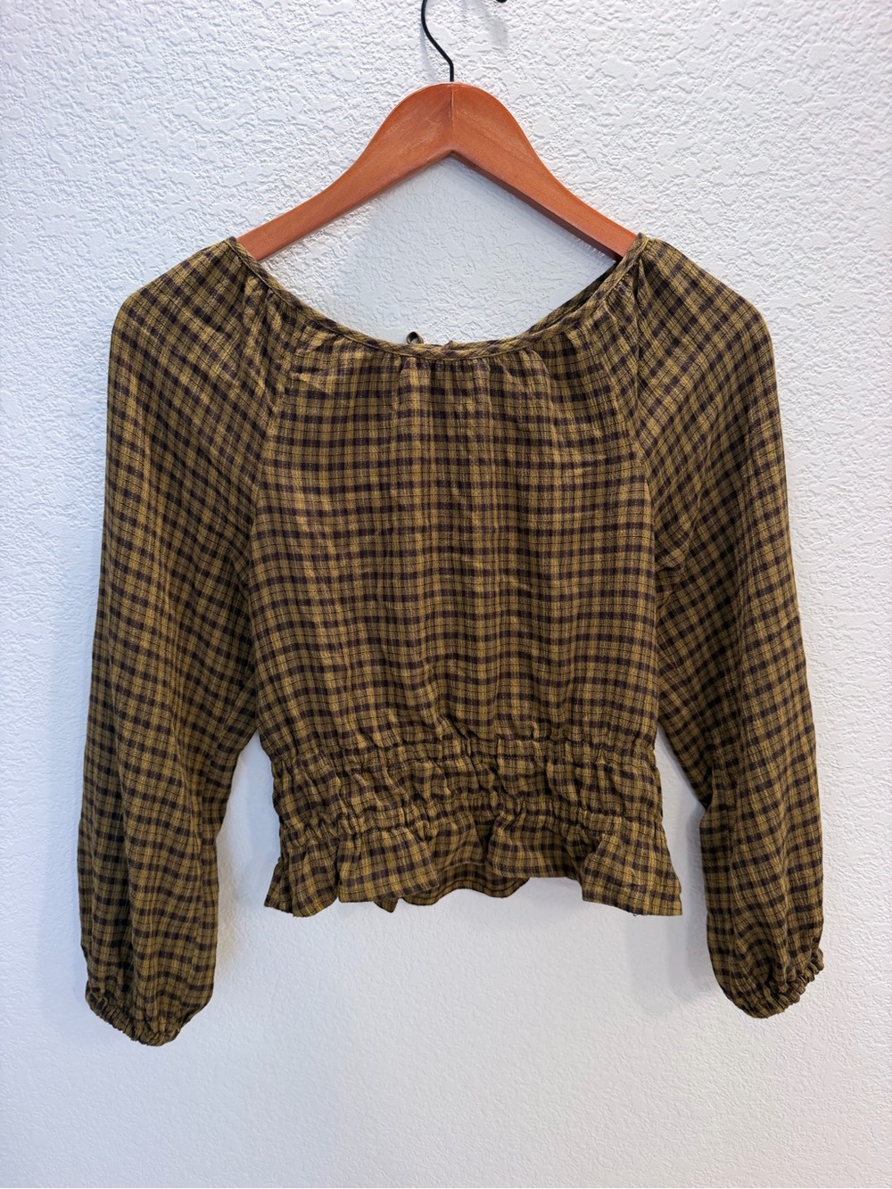 Madewell Mustard Plaid Smocked Waist Long-Sleeve Top